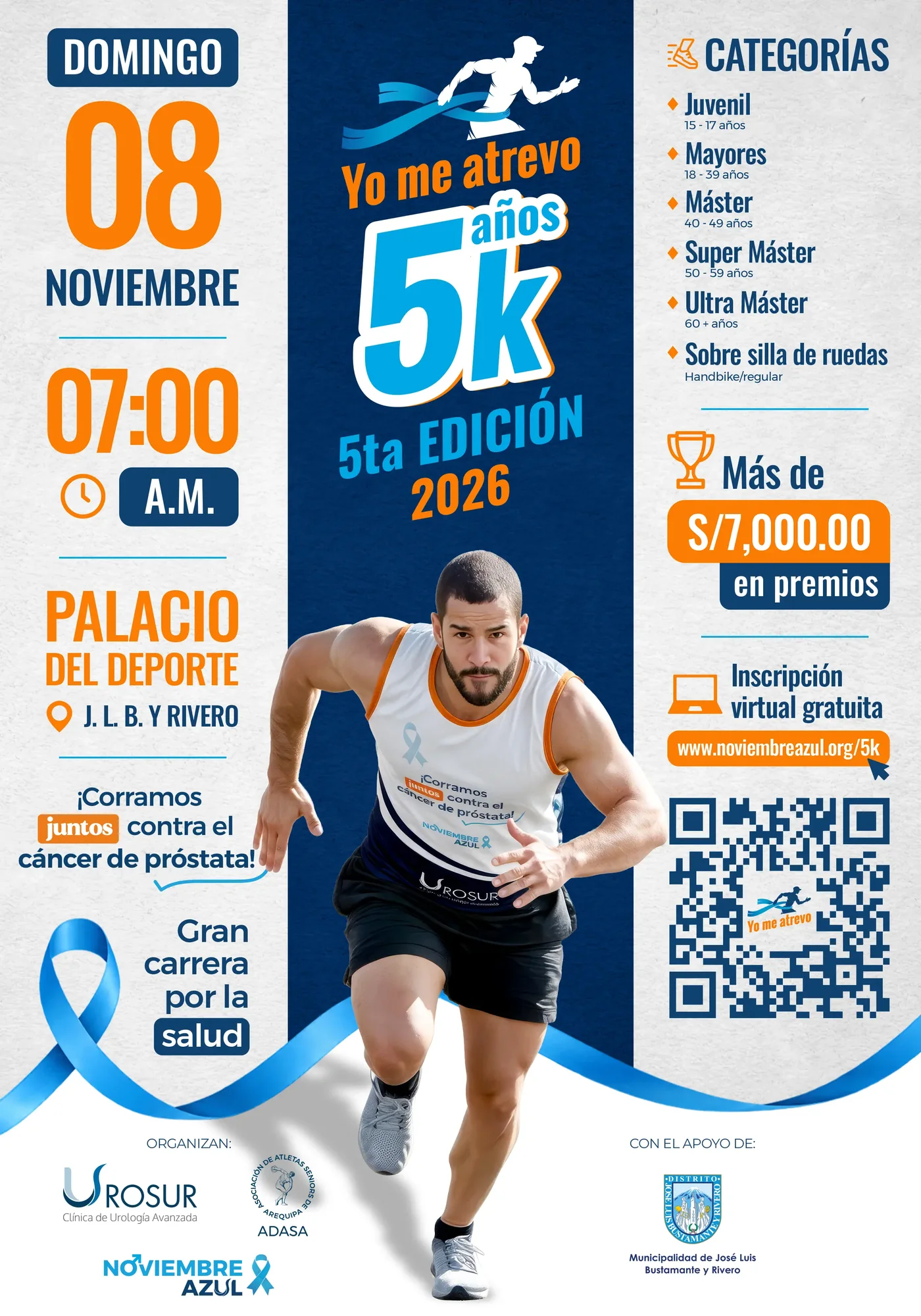 Afiche de la 5.ª edición de la carrera Yo me atrevo 5K 2026: domingo 8 de noviembre, 7:00 a.m., Palacio del Deporte